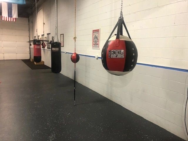 Heavy bags lined along the wall of the gym